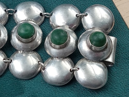 Mexico Old Silver Link Bracelet w. Cabochon Green Turquoise Stones: 7.25" Long - Picture 6 of 15
