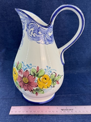 VTG Vestal Portugal Pottery Hand-Painted Floral Pitcher 11” Signed Majolica - Picture 3 of 9