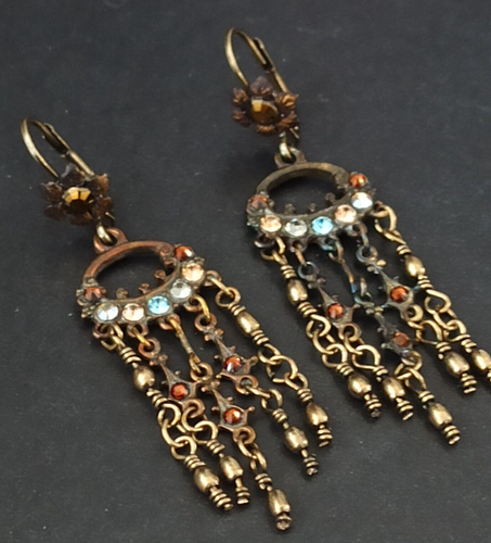 Michal Negrin Earrings Waterfall Chandelier Ethnic Crystals Brown Blue Romantic - Picture 3 of 14