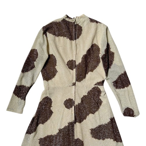 70s vintage metallic midi dress animal cow print beaded v-neck sheer long sleeve - Picture 6 of 12