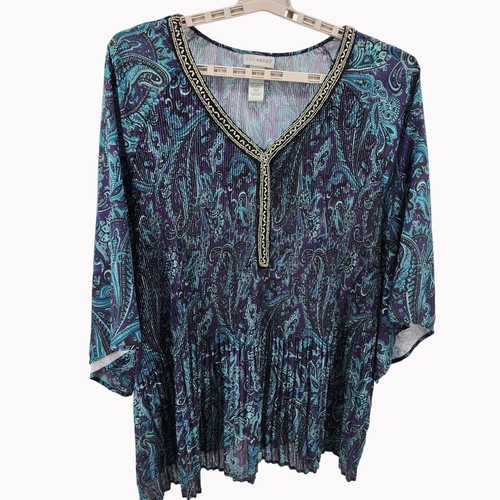 Catherines Womens 5X V-Neck Paisley Print Accordion Blouse In Purple and Blue