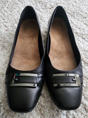 Clarks Shoes Womens- Blanche West Black Leather Slip On Comfort Flats  Buckle