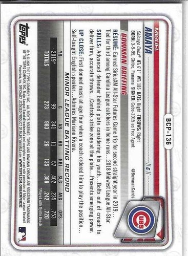 2020 Bowman - Chrome Prospects Purple Refractor BCP-136 Miguel Amaya 20/250 (RC) - Bild 2 von 2