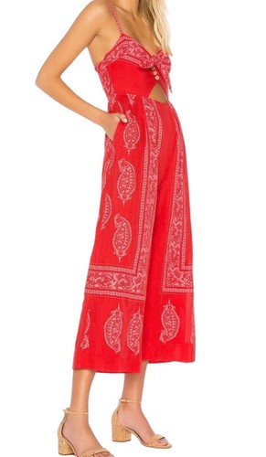Free People Feel the Sun Jumpsuit Size 2 Red Linen Wide Leg Bandana Print Boho - Picture 2 of 17