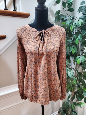Final Touch Brown Peasant Floral Polyester Long Sleeve Tie-Up Top Blouse Size M