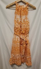 BTFBM Dress Women Medium Orange Deep V Back Halter Waist Tie Sheer