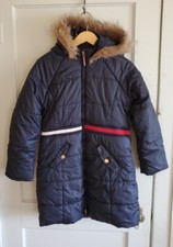 Tommy Hilfiger Navy Blue Longline Faux Fur Trim Puffer Coat Girl's Size L 12/14