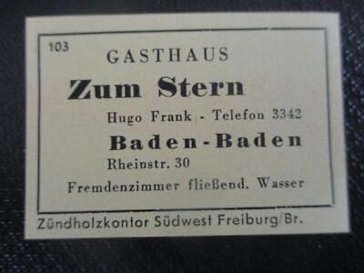 (14553) Reklame / Streichholzetikett Gasthaus Zum Stern, Baden-Baden