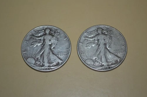 PAIR (2) 1946 & 1947 PHILLY WALKING LIBERTY HALF DOLLAR COINS 90% SILVER FINE