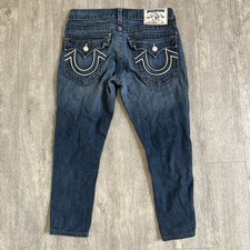 True Religion Unisex Jeans Skinny Fit Size 32x25 Dark Wash Flap Pocket USA Made