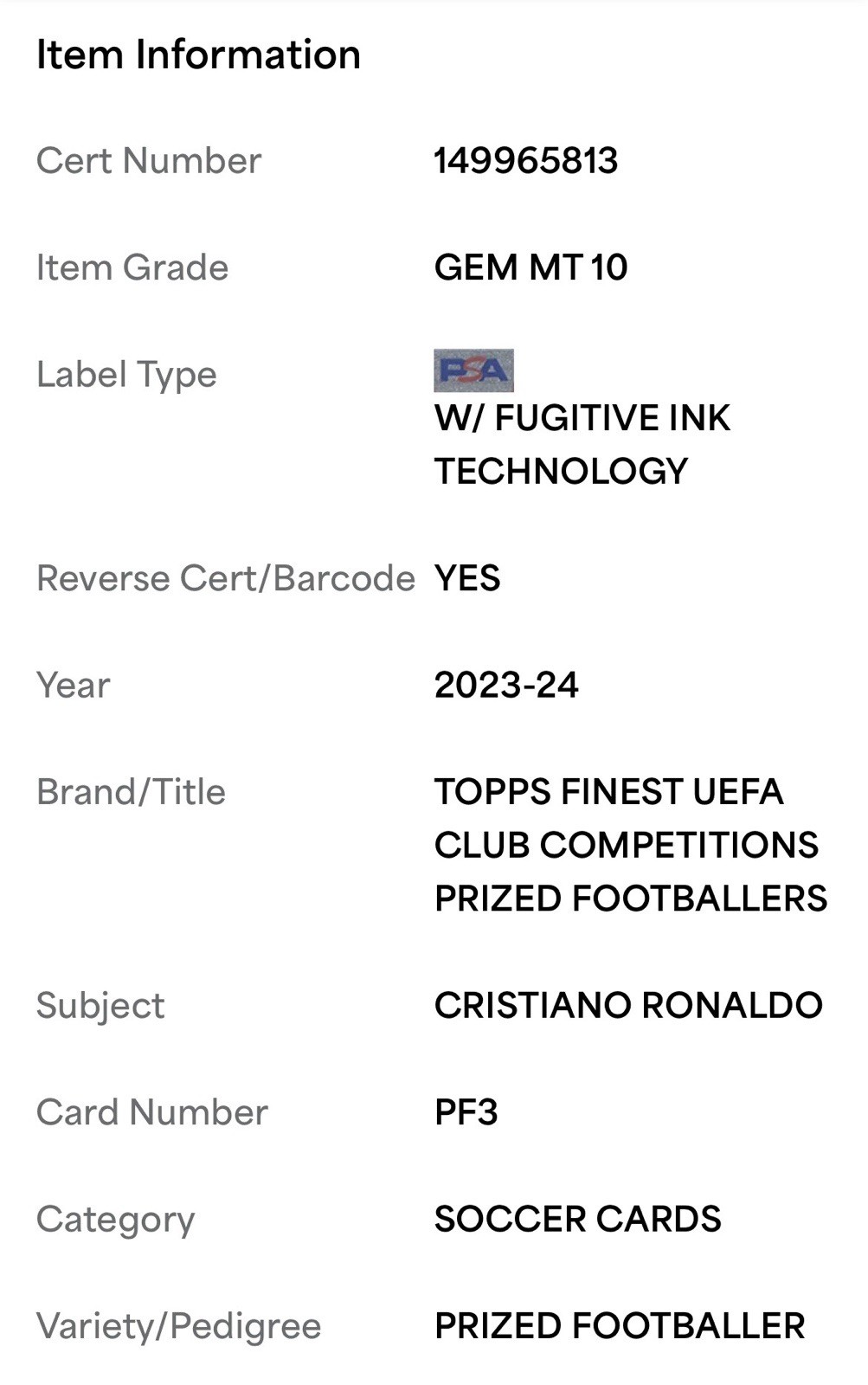 2023-24 Topps Finest UEFA Cristiano Ronaldo Prized Footballers #PF-3 PSA 10 view 4