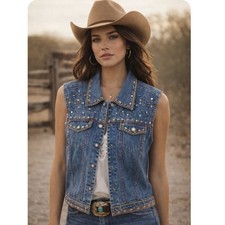 Vintage Beaded Embroidered Denim Vest Large Artsy Art Teacher Western Boho