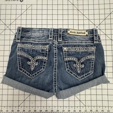 Rock Revival Shorts Womens 29 Blue Denim Cuffed Cut Off Rhinestone Pockets