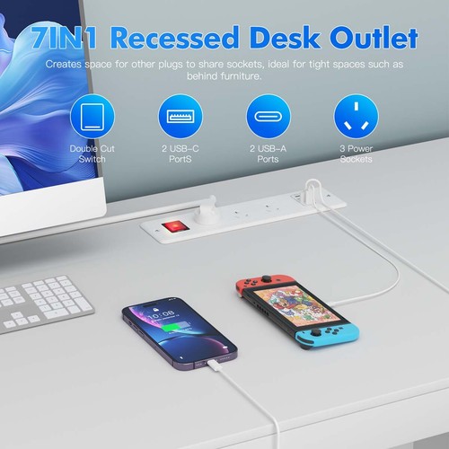 Surge Protector USB Type-C Powerboard 3 Outlets Recessed Desk Switch Power Strip - Picture 4 of 18