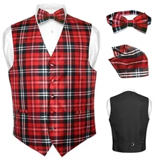 Men's Plaid Design Dress Vest BOWTie Black RED White BOW Tie Hanky Set Suit Tux