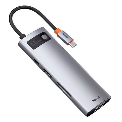 Baseus Metall Gleam USB-C Hub 8in1 100W PD HDMI 4K SD USB-A RJ45 Grau
