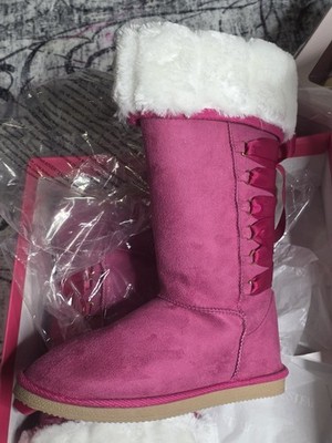 JustFab Girls' Pink Faux Fur Trim Snow Boots with Ribbon Closure & Bow Accent