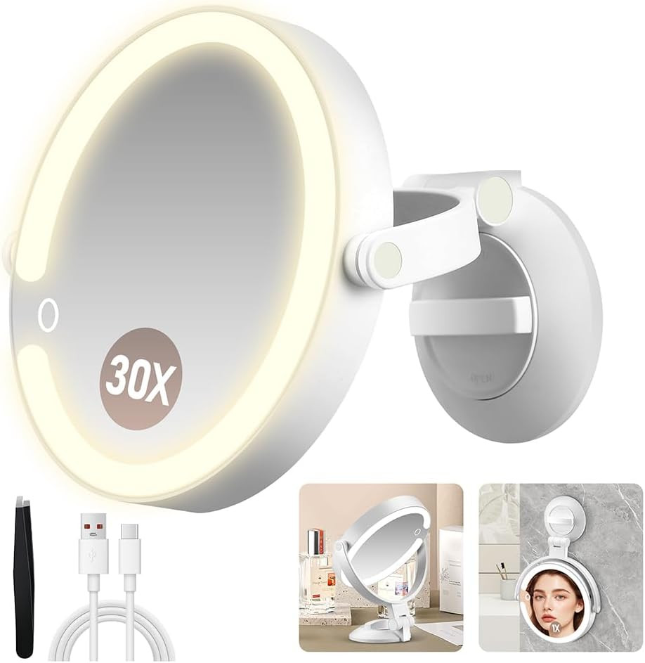 Specchio 30X con Luce LED per Tutta la Famiglia - Ventosa e USB