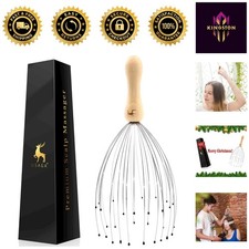 Stainless Steel Head Scalp Massager with Ergonomic Wood Handle Stress Relief
