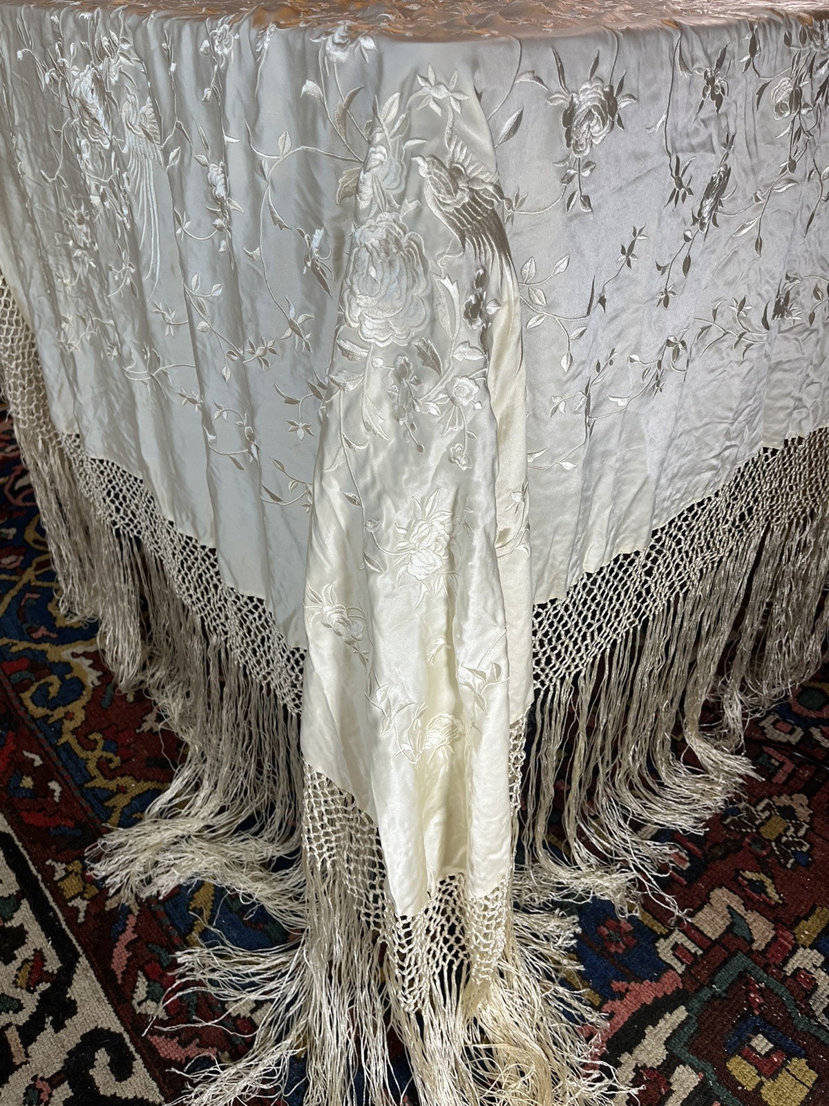 WILLIAMS SONOMA SILK Embroidered Piano Shawl With Fringe