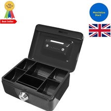 Durable Black Key Lock Cash Box with 6 Compartment Tray - 4 Inch Portable Design