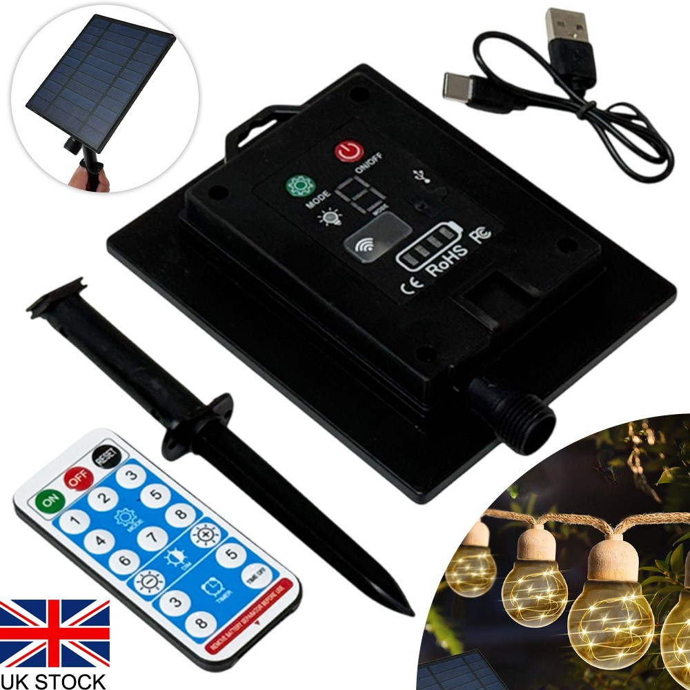 Solar Panel Controller with Remote for Garden LED String Light Bulbs