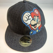 Nintendo Super Mario Bros Black Pin Striped Flatbill Fitted S/M Hat Baseball Cap