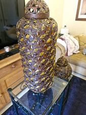 Moroccan Style Metal & Glass Table Lamp, Bronze Amber Purple Jar Shade