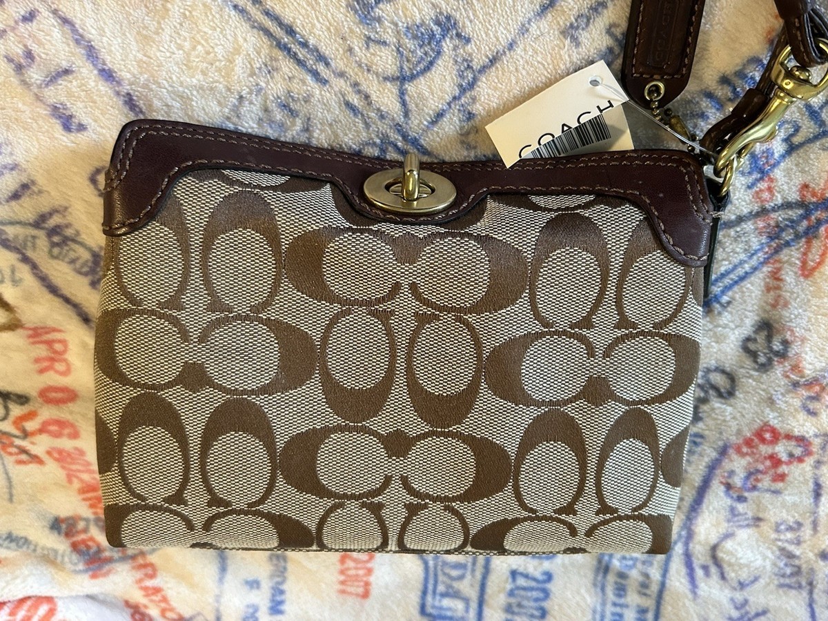 Coach Jacquard Signature C Turn Lock Medium Wristlet Beige Brown