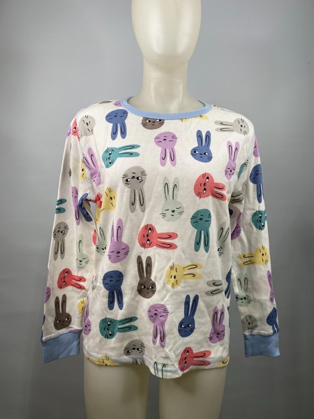 Cute Bunny Print Waffle Knit Long Sleeve Top Crewneck Loungewear Pyjama Tee