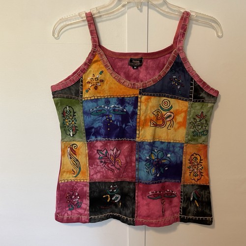 Rising International Womens Sz Medium Tank Patchwork Boho Hippie Art to Wear