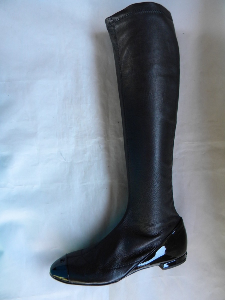 CHANEL Black Soft Leather Sock Thigh Cap Toe Logo Flat Tall Boots