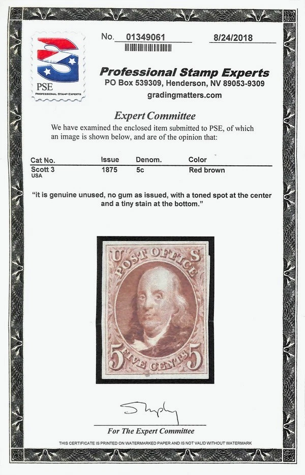 1847 (1875 Reproduction), 5¢ red brown (Scott 3), PSE Cert. - Image 2 of 3
