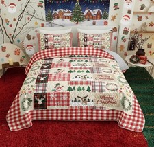 Christmas Quilt Set King Size - Plaid Patchwork Bedding with Reindeer and Snowfl