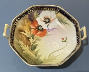 1911 Nippon Orange/White Poppies 2 Handled Octagonal Bowl