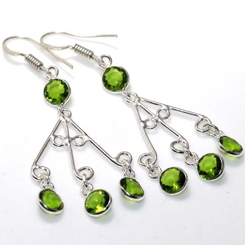 925 Silver Plated Peridot Faceted Long Earrings Jewelry Size 2.2" AU O638