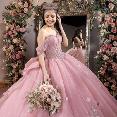 open lace back dress Pink Tulle Lace Ball Gown,Pink Sweet 16 Dress,Pink Princess Dress Y233 –  Simplepromdress main image 1