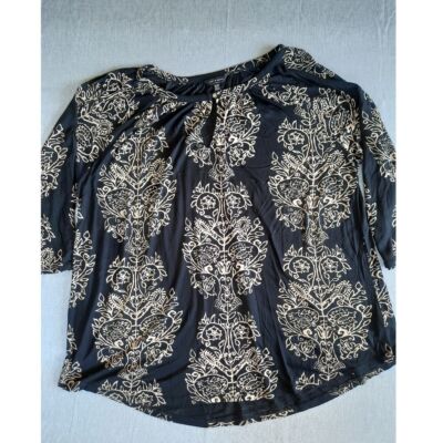 Lucky Brand Women 2X Plus Front Keyhole Blouse Floral Vector Art Pure Viscose