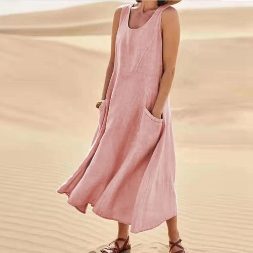 Damen Leinen Ärmellos Maxikleid Damen Tank Taschen Sommer Sommerkleid⭐ - Bild 10 von 26