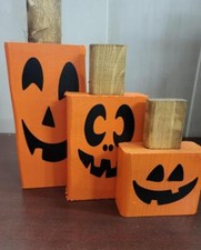 3 Halloween Decoration Jack-O-Lantern Set  8.75" 7" 5" Handmade from 2x4s