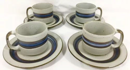 OTAGIRI Horizon Coffee Tea Mugs & Saucers 4 Sets Blue Brown Band Vtg Japan EX