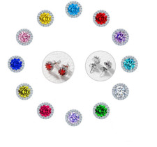 8mm Women Sterling Silver Stud Birthday Cubic Zirconia Round Earrings Gift PE42