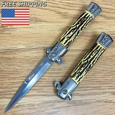 9" Tactical Bone Stag Spring Assisted Open Blade Folding Pocket Stiletto Knife