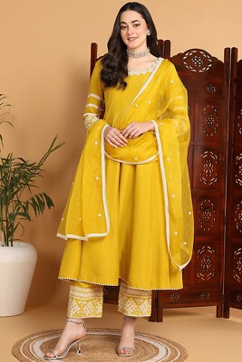 Indian Women Cotton Yellow Haldi function dress kurta with paint dupatta |  eBay