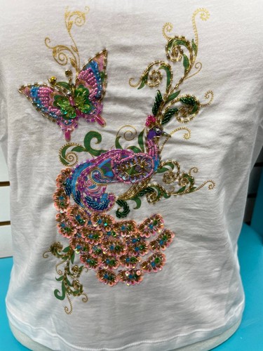 NEW WEI PENG EMBROIDERY PEACOCK WHITE BABYDOLL LADIES SS TEE TSHIRT TOP FREE OS - Picture 2 of 7