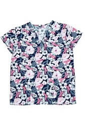 Womens Fashion Medical Nursing Scrub Print Tops White Pink Flower Ribbon M