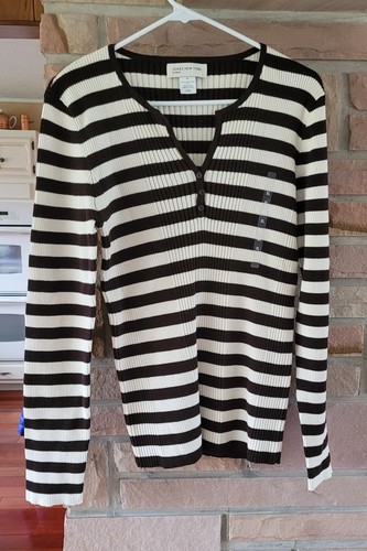 Jones New York Sport Damen XL 100 % Baumwolle dunkelbraun gestreift Henley Pullover neu mit Etikett