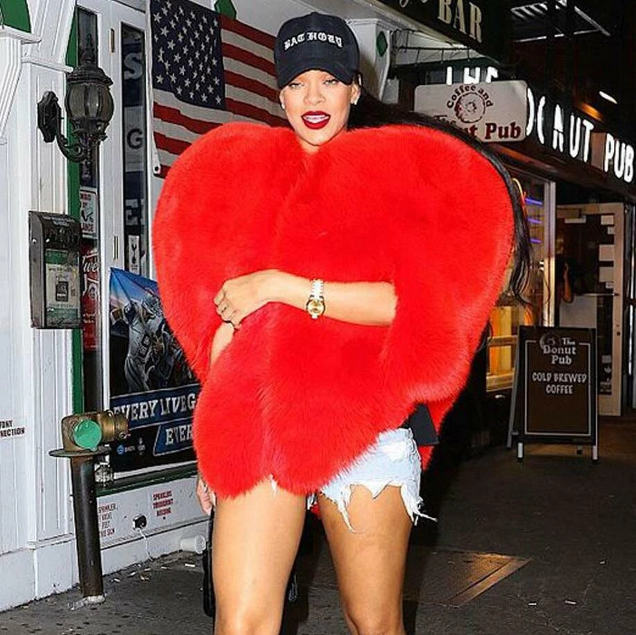 Red 3D Love Heart Shaped Womens Cape Coat Faux Fox Fur Shaggy Jacket Party Cloak - Image 3 of 4