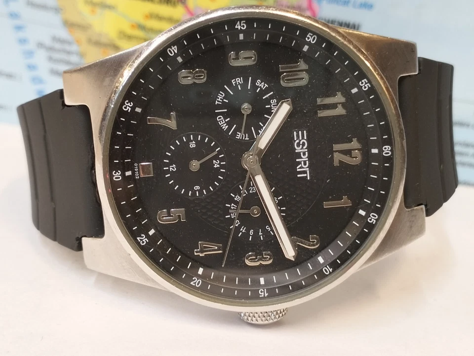 RELOJ ESPRIT MULTIFUNCIÓN CUARZO ESFERA NEGRA 101912 HOMBRE COMPLETO FUNCIONANDO VINTAGE Foto 2 de 4