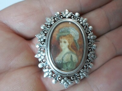 Broche Ancienne En Argent Massif - Portrait Jeune Femme - Occasion - Pièce Unique